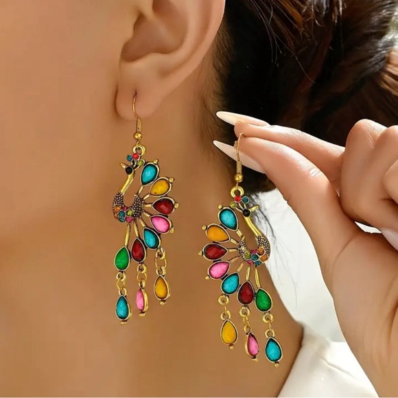 Bohemian Peacock Tassel Dangle Earrings - Picture 3 of 5